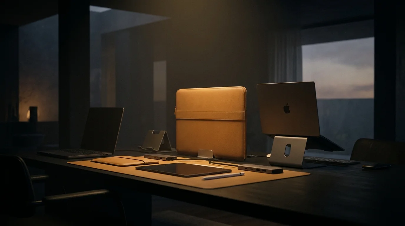 Laptop on an aluminium stand with a sleeve, USB-C hub, tablet and stylus on a desk